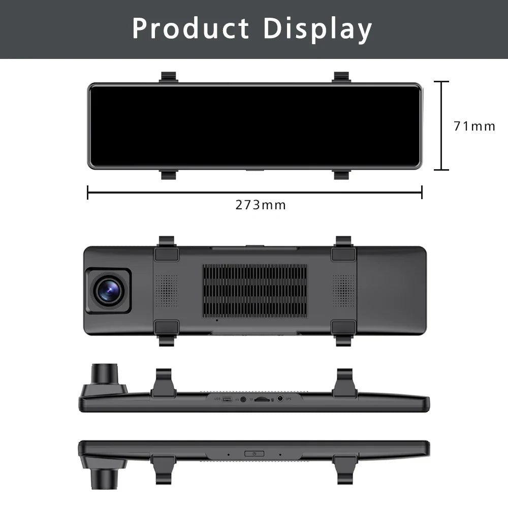 11.26" 4K 2160P Car DVR Dash Cam – CarPlay, Android Auto, GPS, WiFi, Bluetooth, FM, Rear View Mirror Camera & Drive Recorder