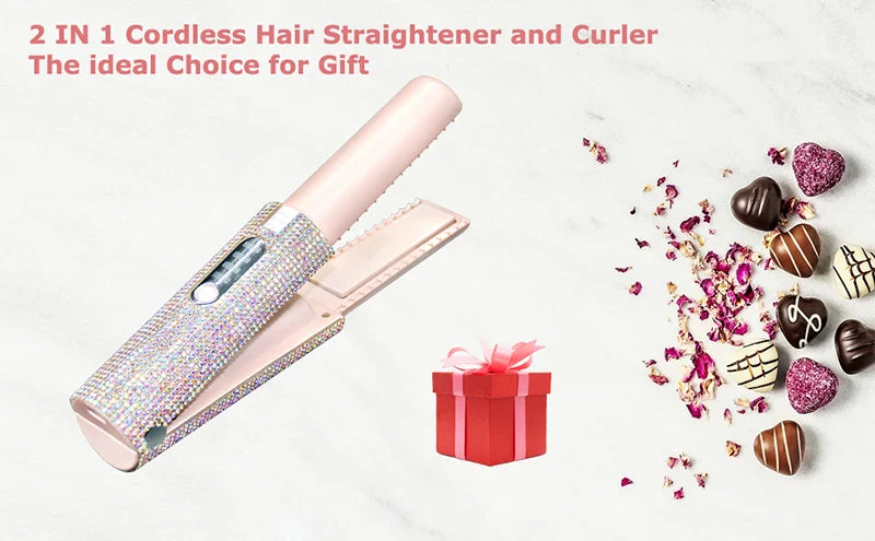 2-in-1 Wireless Hair Straightener & Curler – USB Rechargeable Diamond Design Styling Brush for Travel & Home