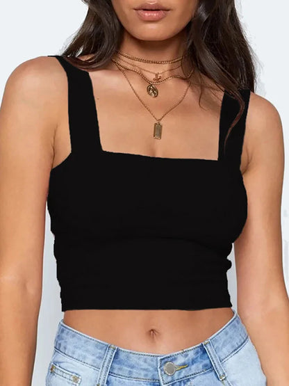 Square Neck Sleeveless Crop Top – Women’s Summer Casual Off Shoulder Cami T-Shirt, Sexy Backless Slim Fit Tank Top (Black & White)