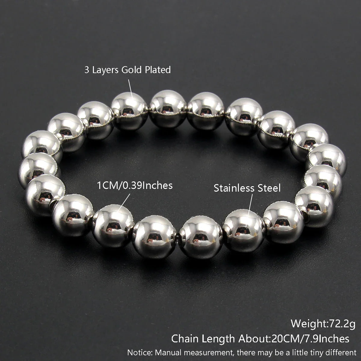 MHS.SUN Trendy Stainless Steel Stretch Bracelet — Gold & Silver Beaded 2mm/5mm/8mm for Men & Women