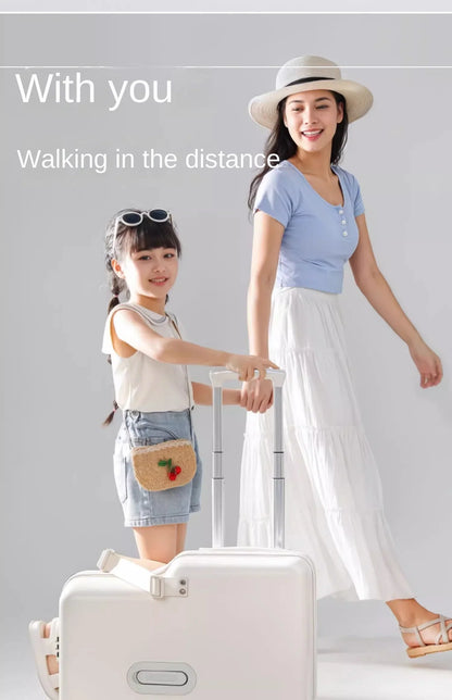 18-Inch Foldable Kids Suitcase with Seat – Lightweight PC Luggage for Boys & Girls, Compact Travel Pedal Boarding Case