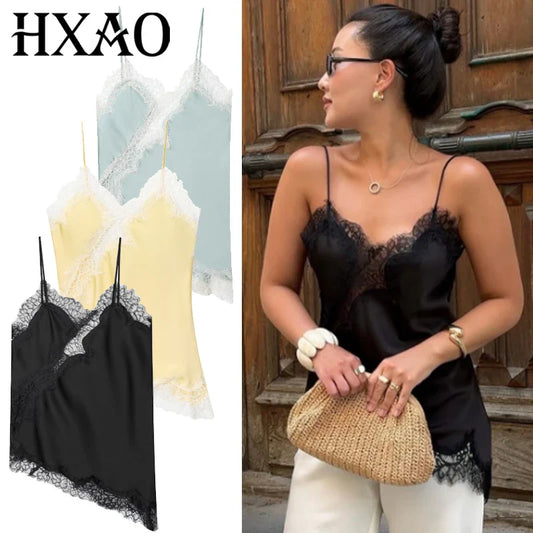 HXAO Women’s Asymmetrical Lace Off-Shoulder Tank Top – Summer 2025 Y2K Black Sleeveless Backless Elegant Camisole Top