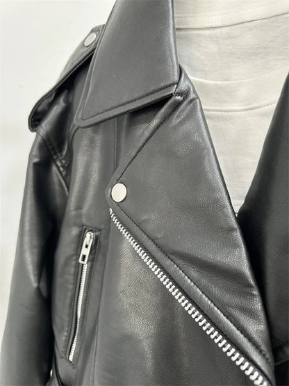 RARF 2024 Women's Washed Leather Jacket – Coal Gray Short Coat with Belt, Vintage Lapel & Zipper