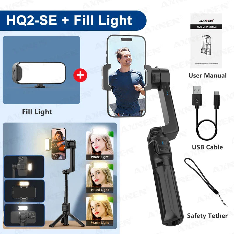 AXNEN HQ2 Series Handheld Mobile Phone Stabilizer – Smartphone Gimbal & GoPro Extension Rod Selfie Stick Tripod