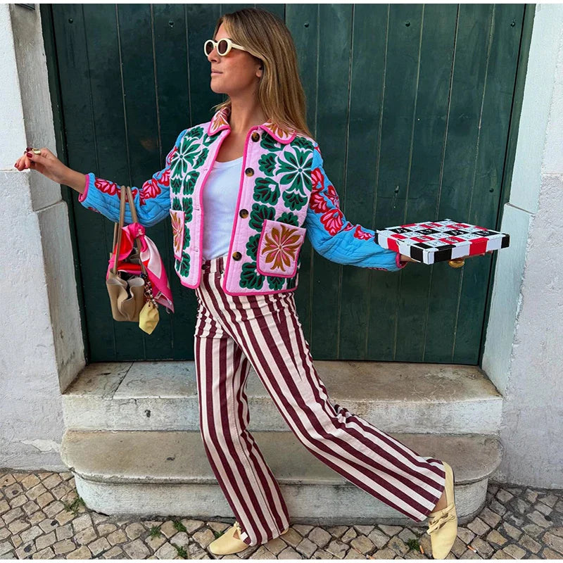 2025 Women’s Printed Quilted Padded Jacket – Collared Cotton Coat with Contrast Piped Pockets, Casual Autumn Outerwear