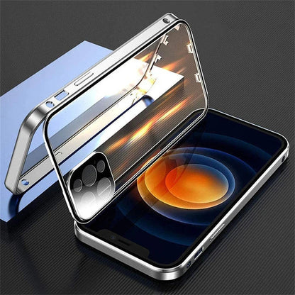 360° Full Protection Magnetic Metal Phone Case - Double Sided Glass Snap Lock Bumper Cover for iPhone 16 Pro Max 15 14 13 12 11 Pro Max