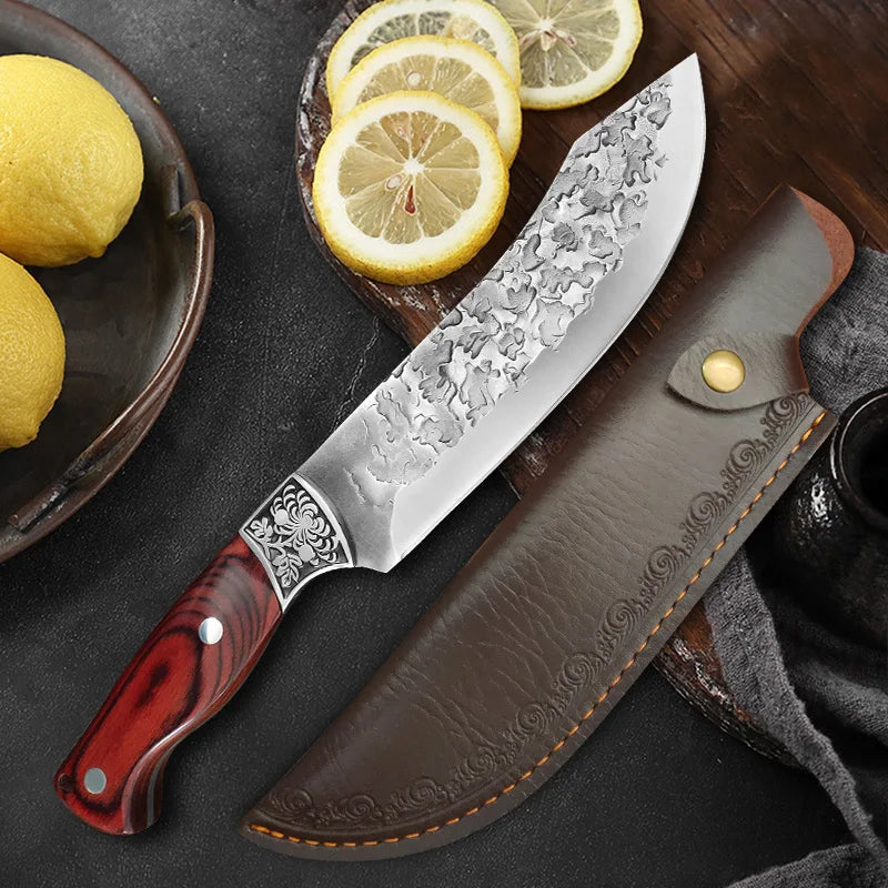 Kitchen Boning Knife Set - Stainless Steel Chef's Meat Cleaver, Butcher Knife, and Fruit Paring Knife with Wood Handle for Cutting Meat, Pork, Beef, and Fish