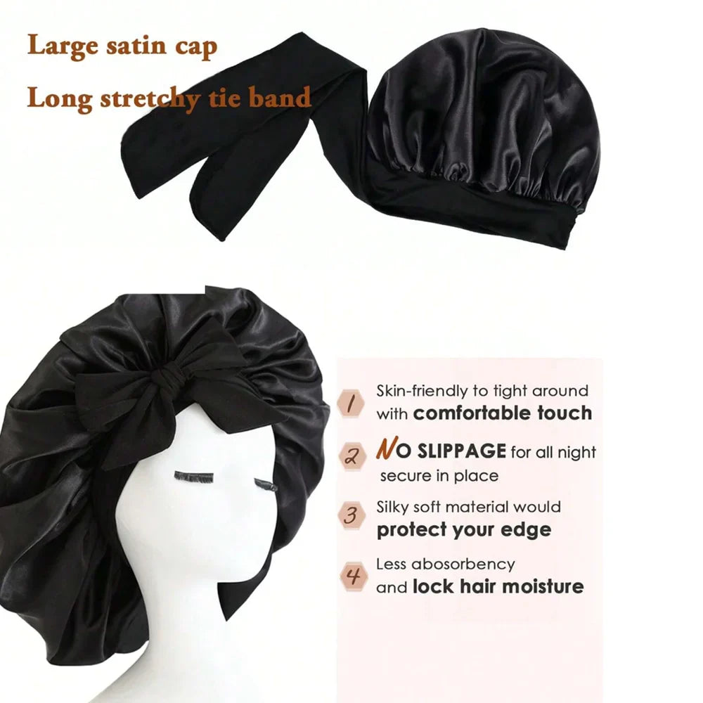 Satin Silk Bonnet – Adjustable Sleeping Hair Bonnet with Tie Band for Women & Men