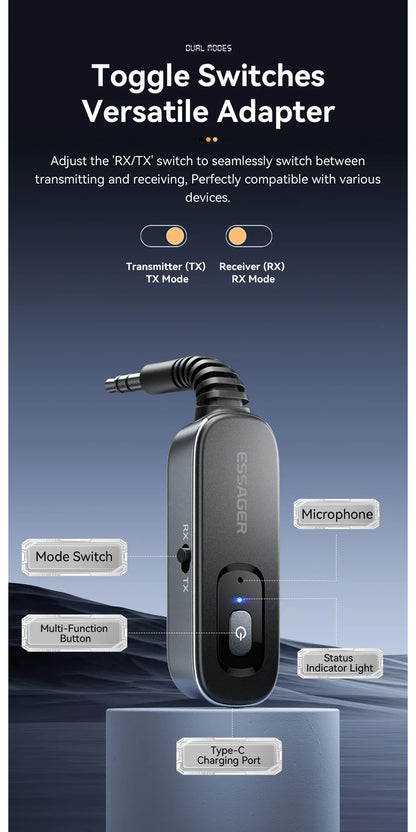 Essager 2 in 1 Bluetooth 5.1 Audio Receiver & Transmitter – Wireless 3.5mm AUX Stereo Adapter for Earphones, TV, & Car