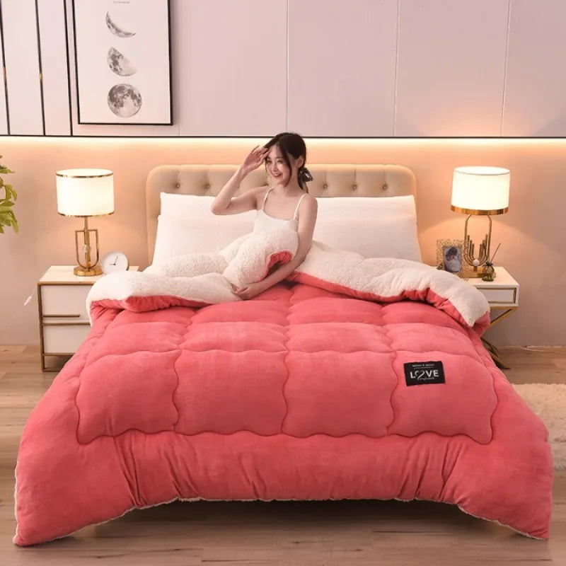 2025 Winter Thickened Fleece Quilt – Solid Color Milk Lamb Fleece Warm Comforter, Single & Double Sizes