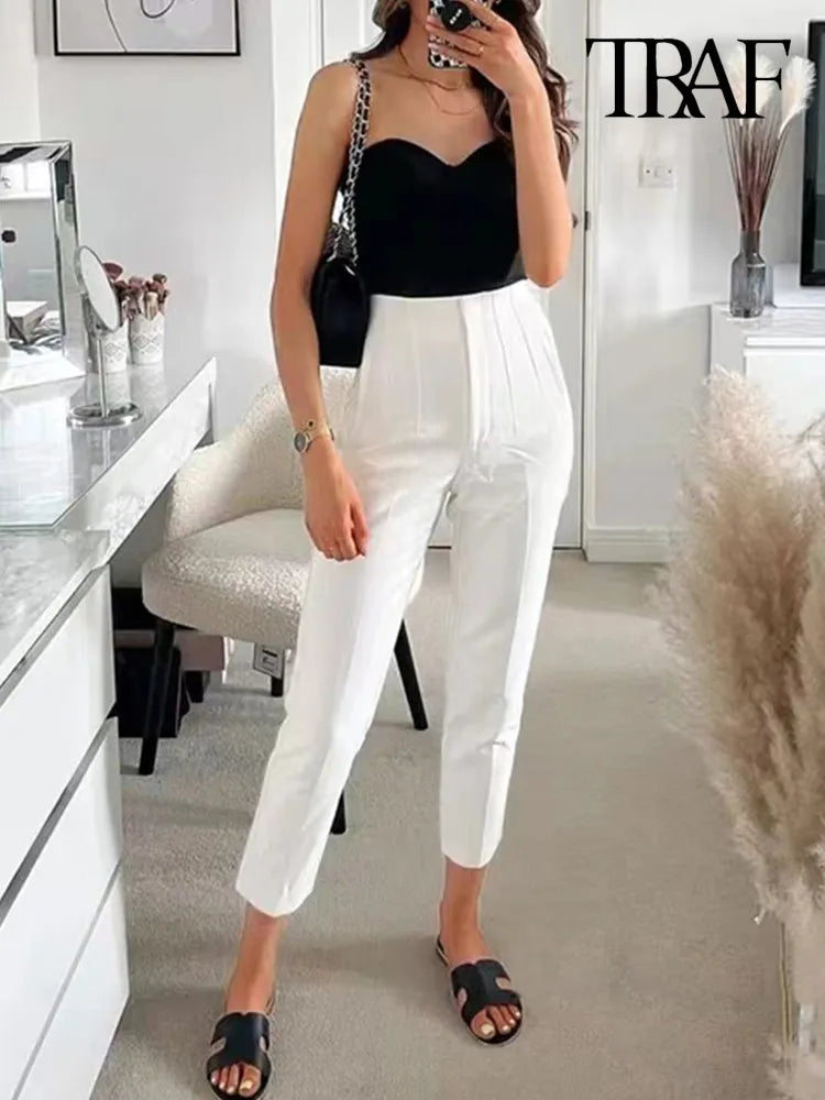 TRAF Women's Fashion Pants with Pockets: Casual Solid Ankle Trousers, Vintage High Waist Zipper Fly - Pantalones Mujer