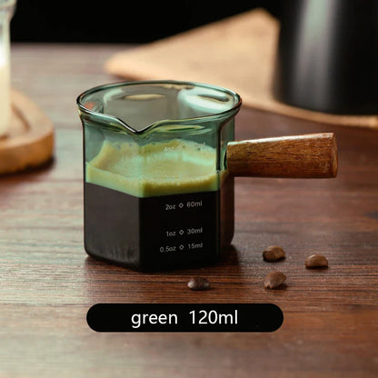 120ml Glass Espresso Measuring Cup with Wooden Handle — Hexagon Coffee Milk Jug & Sauce Pitcher