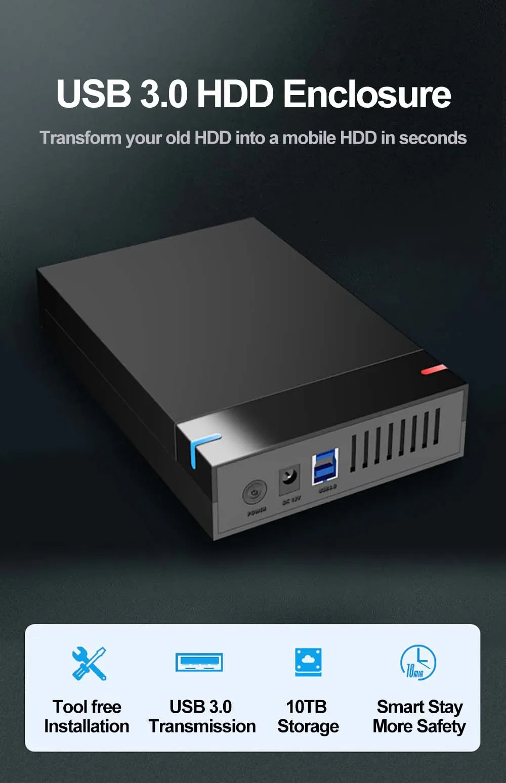 3.5 Inch USB 3.0 to SATA External Hard Drive Enclosure Case for SSD/HDD up to 10TB – PC & Laptop Compatible