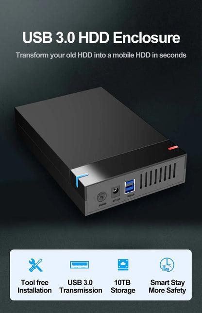 3.5 Inch USB 3.0 to SATA External Hard Drive Enclosure Case for SSD/HDD up to 10TB – PC & Laptop Compatible