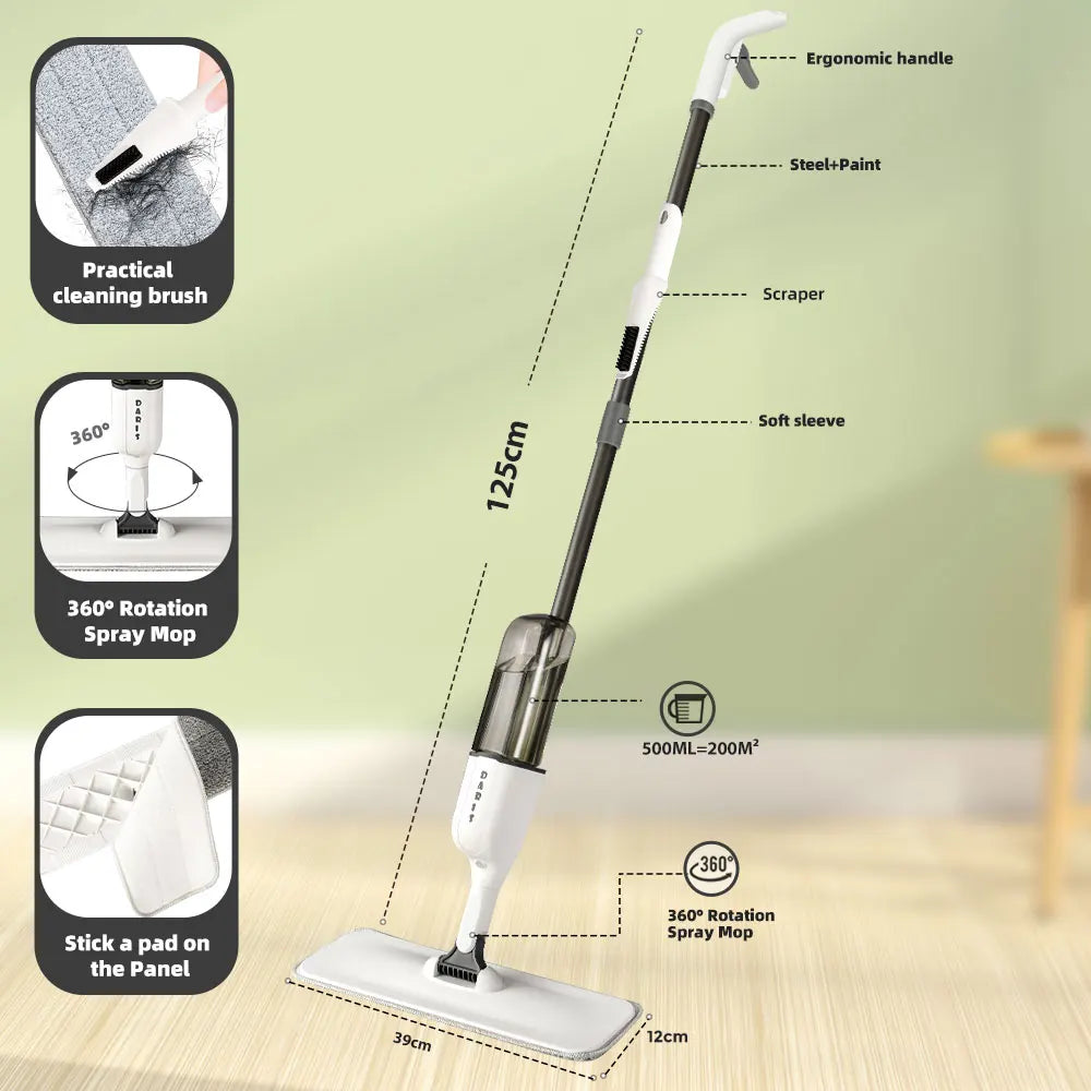 DARIS 360° Spray Flat Mop — Reusable Microfiber Pads with 500ML Large Capacity Square Triangle Bottle