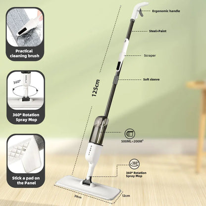 DARIS 360° Spray Flat Mop — Reusable Microfiber Pads with 500ML Large Capacity Square Triangle Bottle
