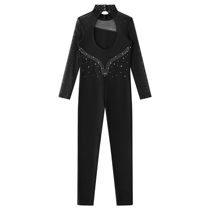 Kids Girls Long Sleeve Rhinestone Bodysuit — Full Body Dancewear Gymnastics Leotard Skating Jumpsuit