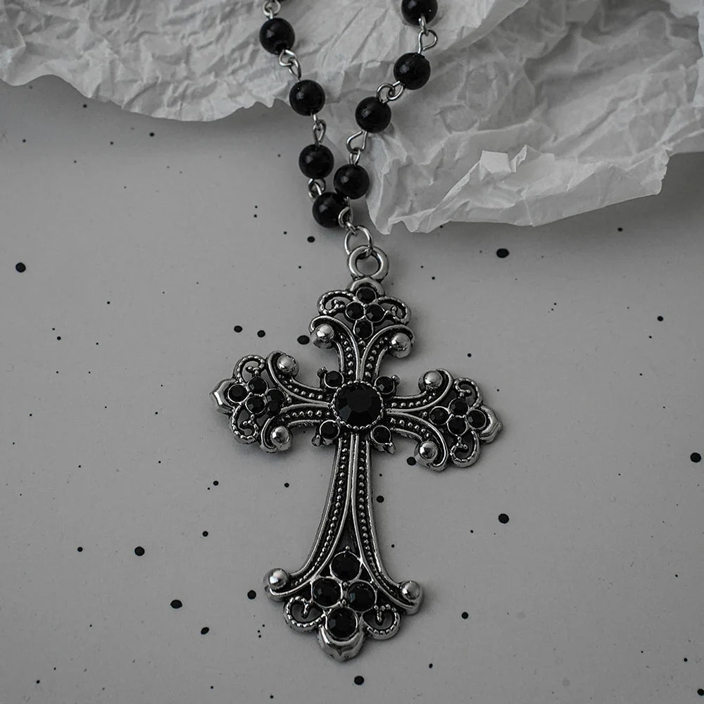 Gothic Bat Cross Necklace Set - Y2K Thorn Love Black Beaded Layered Jewelry for Halloween Parties