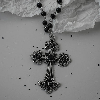 Gothic Bat Cross Necklace Set - Y2K Thorn Love Black Beaded Layered Jewelry for Halloween Parties