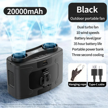 Portable Waist & Neck Hanging Fan – 5-Speed Strong Wind Cooling Fan with LED Light | 10000/20000mAh Rechargeable Battery, Outdoor Sports & Work Wearable Fan