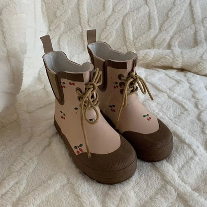Kids Soft Rubber Rain Boots – Waterproof Lace-Up Mid-Calf Anti-Slip Shoes for Boys & Girls