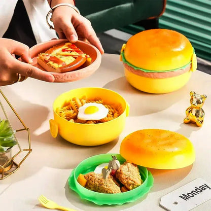 Cute Double Tier Hamburger Lunch Box - Microwaveable Bento Box for Children's School Meals with Fork Tableware Set