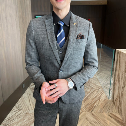 Men’s British Korean Plaid Three-Piece Suit – Stylish Business Casual Set with Blazer, Vest & Trousers