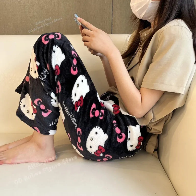 Hello Kitty Black Anime Flannel Pajamas - Women's Warm and Cozy Casual Home Pants