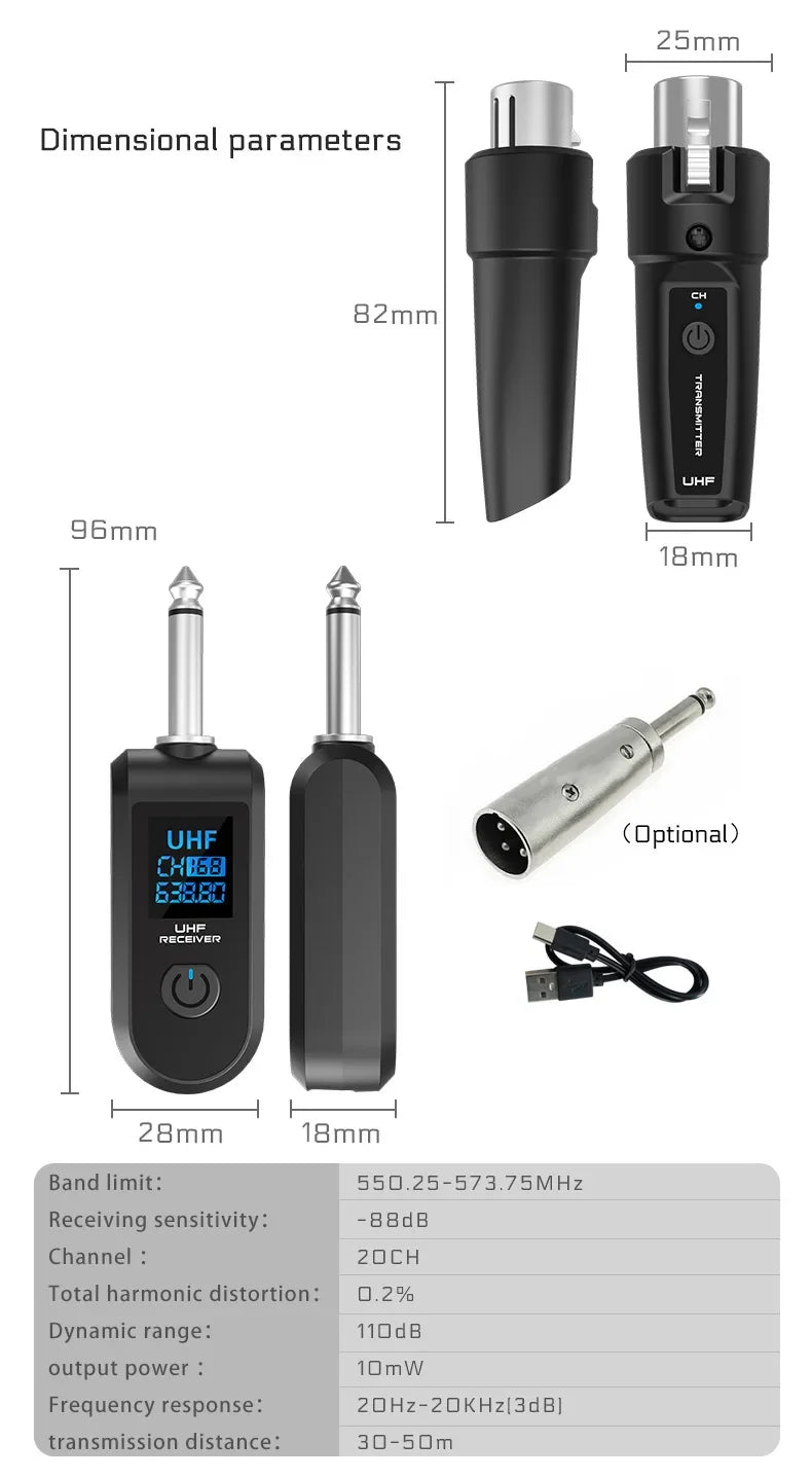 UHF Wireless Microphone Adapter – XLR Transmitter & Receiver for Dynamic Mics, Guitar, Audio Mixer & PA System