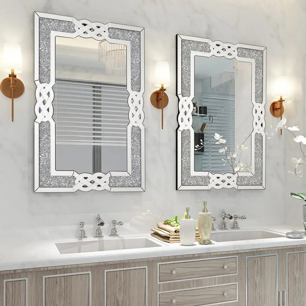 LUVODI Large Full-Body Wall Mirror — Artistic Silver Diamond Crush Bathroom Vanity Mirror