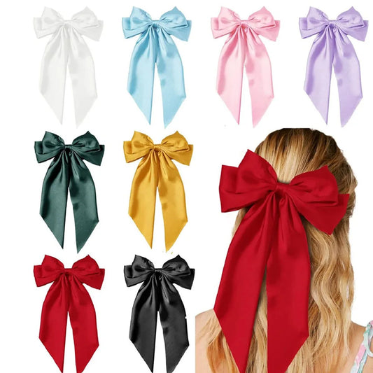 Ladies Satin Oversized Ribbon Bow Hair Clip – White, Pink, Red, Blue, Black, Long Tail Spring Clip for Ponytail Hair Accessories