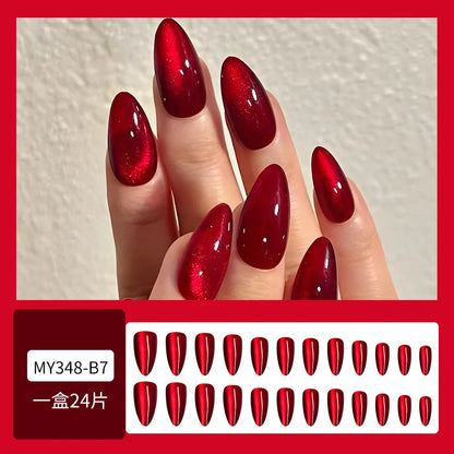 24PCS Glossy Red Cat Eye Press-On Nails Almond Full Cover Reusable Fake Nail Set
