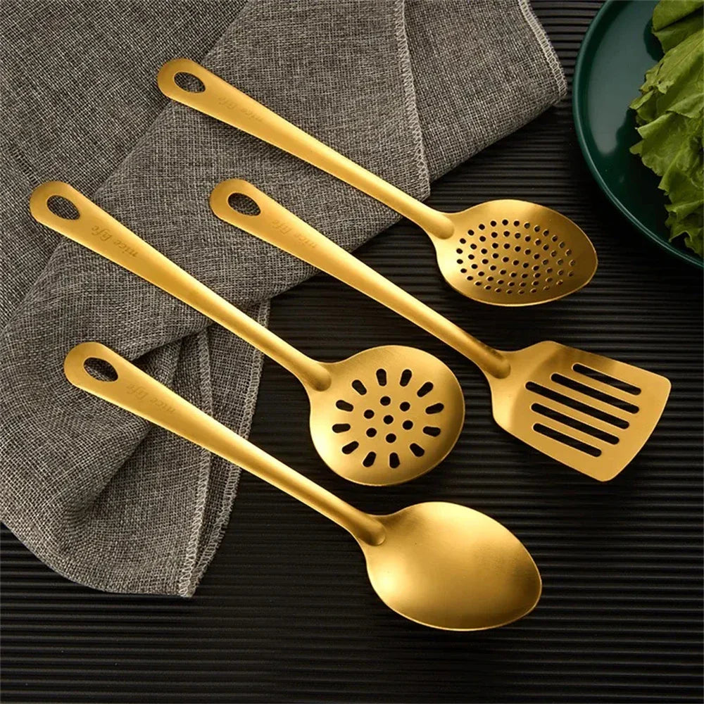 6PCS Hot Pot Cutlery Set – Stainless Steel Golden Spoons & Strainer Kitchenware