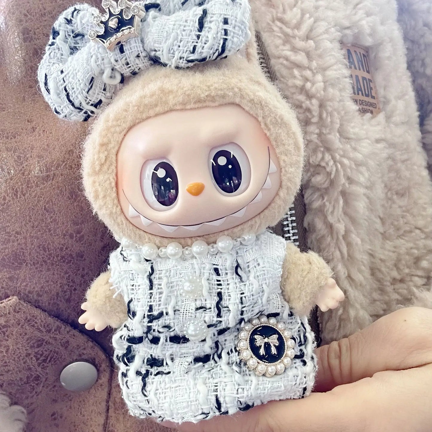 Labubu Doll Clothes Outfit — Black & White Plaid Dress Set | Mini Doll Clothing Accessories | DIY Girl Gift