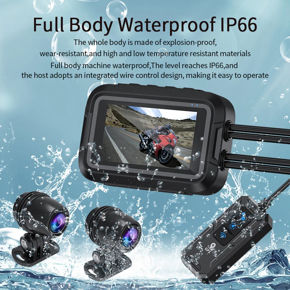 Dual 1080P Motorcycle DVR - Full Body Waterproof Camera with WiFi, GPS, Front and Rear Dash Cam Video Recorder Black Box