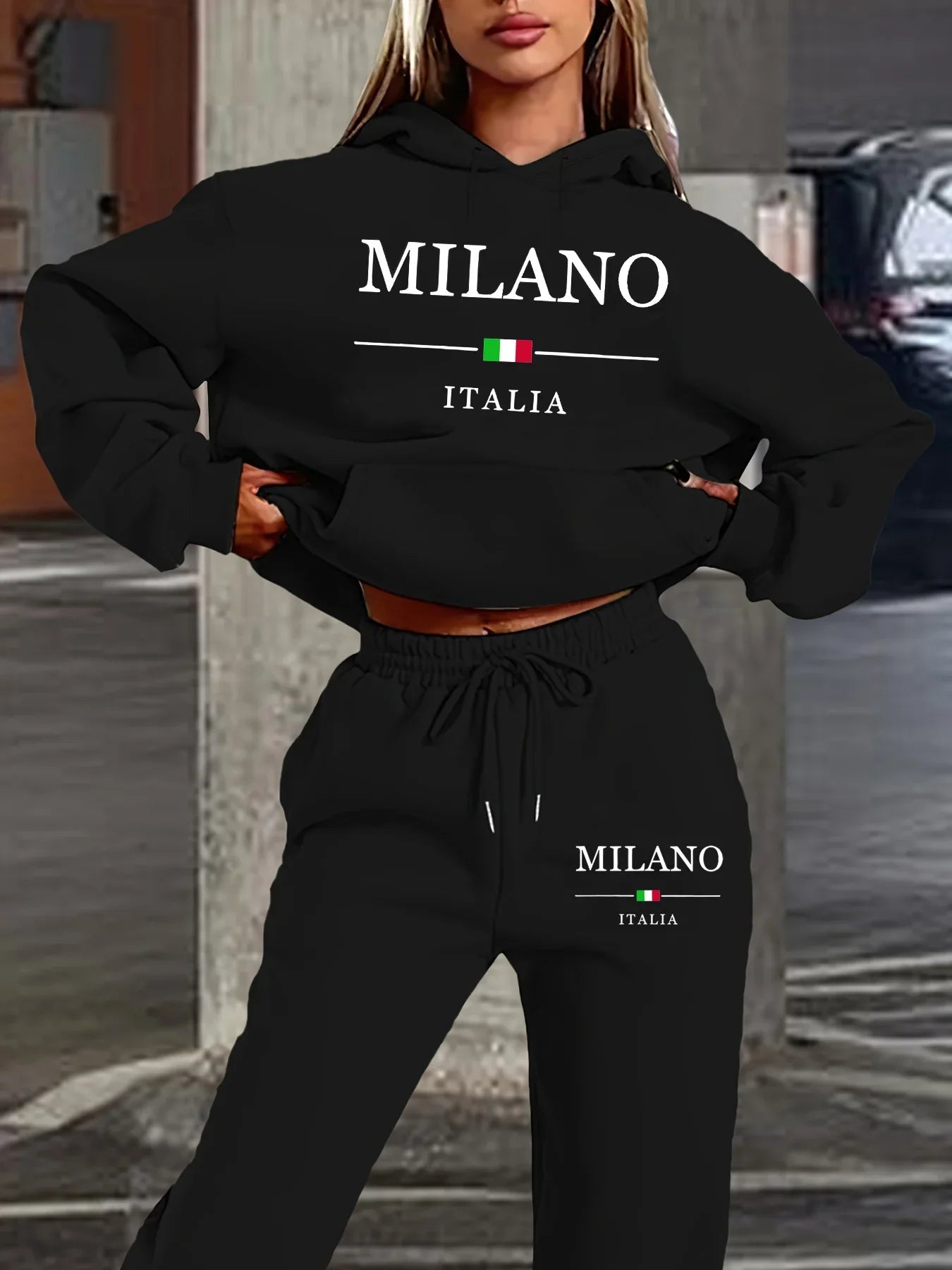 Women's Milano Italia 2-Piece Winter Set - Plush Warm Hooded Sweatshirt & Sports Pants Outfit