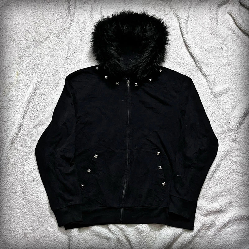 Y2K Harajuku Women's Fur Collar Hoodie – Slim Chic Solid Color Cardigan Sweatshirt, Goth Punk Streetwear