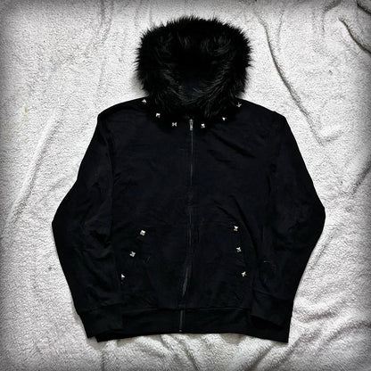 Y2K Harajuku Women's Fur Collar Hoodie – Slim Chic Solid Color Cardigan Sweatshirt, Goth Punk Streetwear