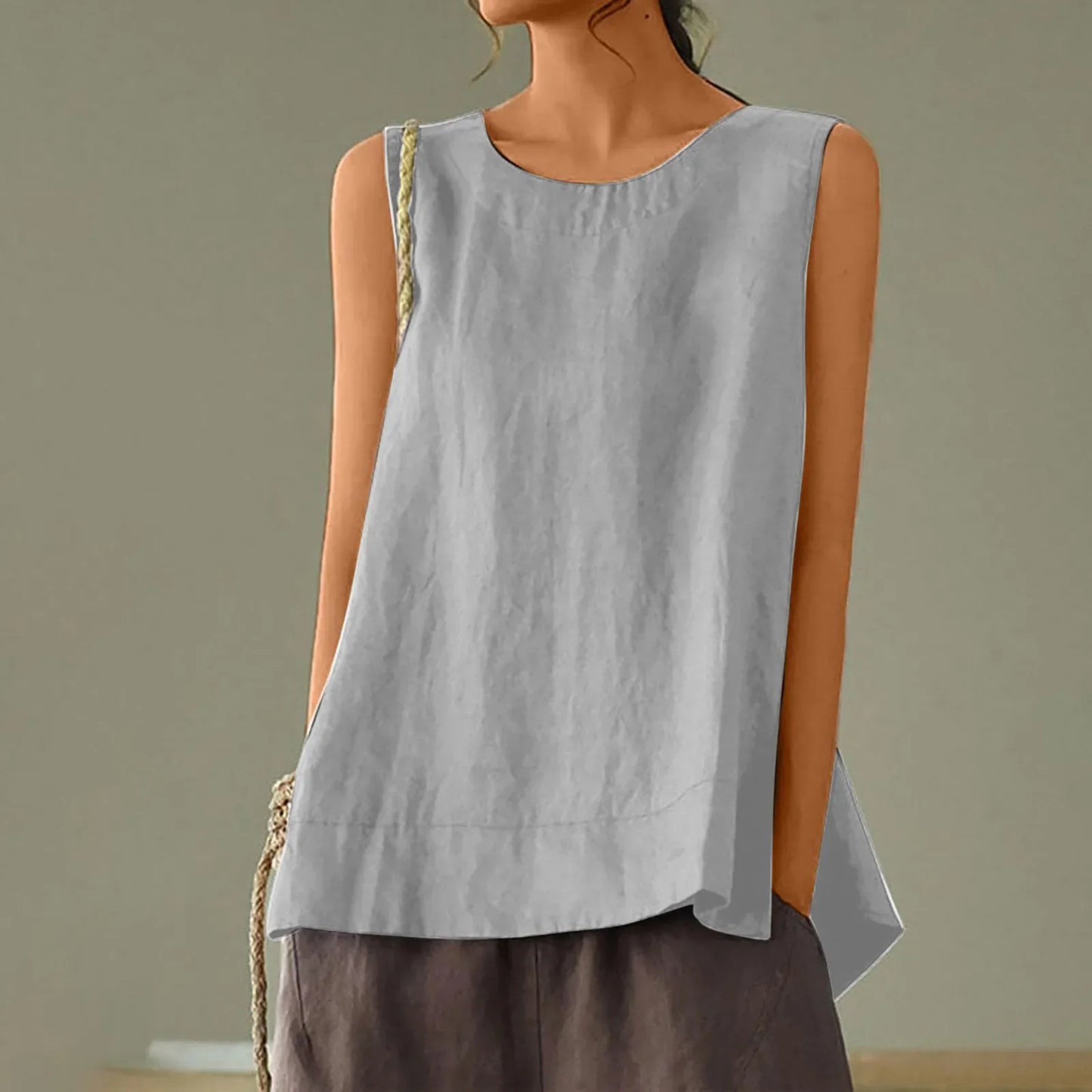 Women’s Summer Oversized Linen Vest Top - Retro Solid Color Sleeveless Round Neck Casual Breathable Shirt