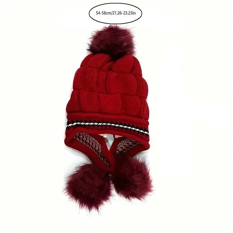 Cozy Knit Fleece Beanie with Ear Flaps & Pompom — Warm Winter Hat for Women, Ideal for Skiing & Outdoors
