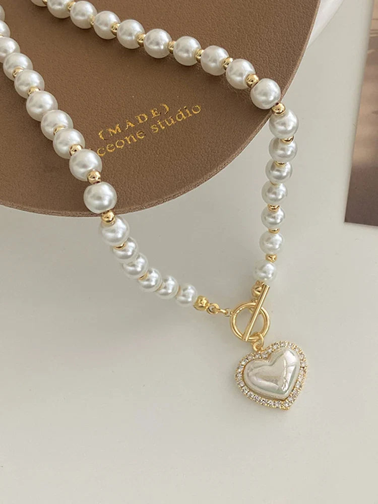 Elegant Pearl Necklace for Women – Heart Pendant Luxury Imitation Pearls Chain, Korean Jewelry Gift for Girls