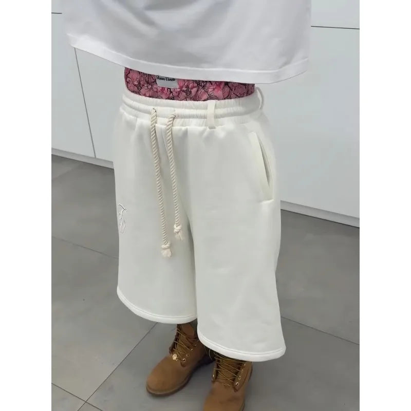 Y2K Double-Waist Embroidered Shorts - Loose American Streetwear Five-Quarter Pants