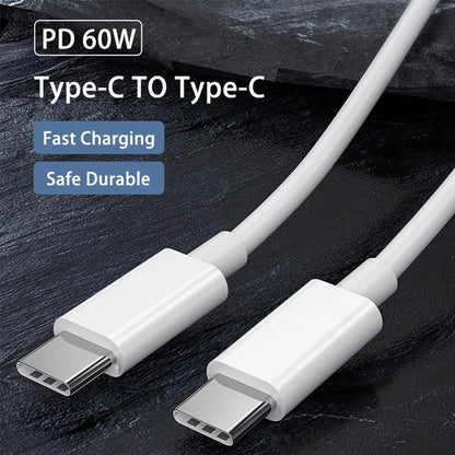 PD 60W USB-C to USB Type-C Fast Charge Data Cable – Compatible with iPhone 15, Huawei, Samsung, Xiaomi, 1M/2M/3M in Black & White