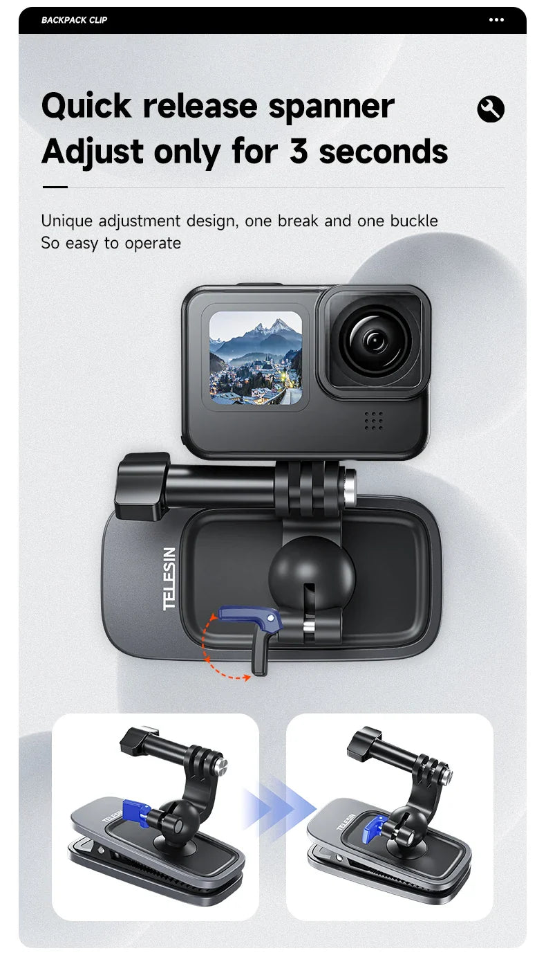 TELESIN 360° Rotating Magnetic Backpack Clip – Mount for GoPro Hero 5-11, Insta360 & DJI Action Camera Accessories