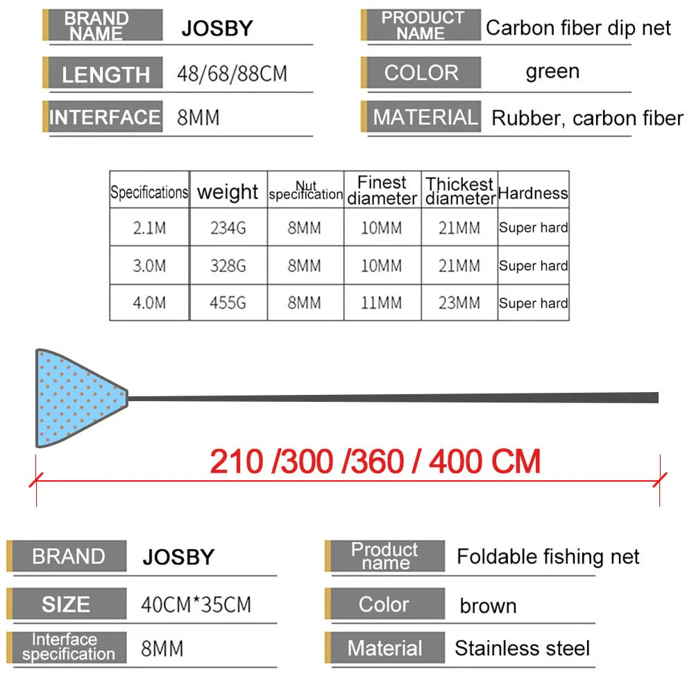JOSBY Telescopic Foldable Fishing Net – 2.1M/3M/4M Lightweight Carbon Fiber Landing Net for Carp & Sea Fishing