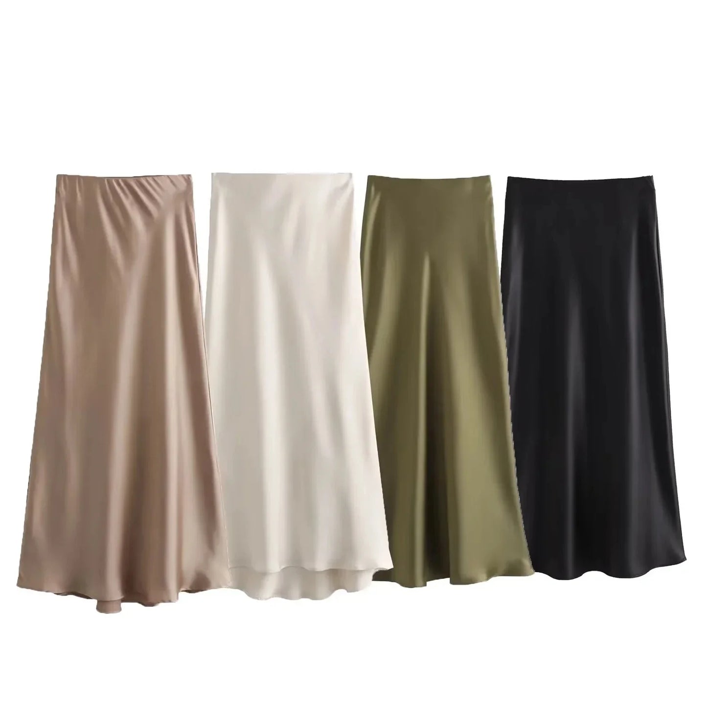 TRAFZA 2024 Y2K Women’s Long Skirt – Elastic High-Waist A-Line Satin Skirt for Spring Casual & High Street Fashion