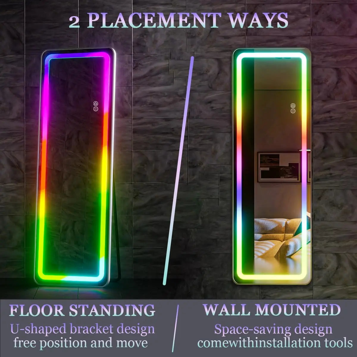 RGB Full-Length LED Mirror – 60"x16" Full Body Wall-Mounted Mirror with Dimming & 7 Color Changing Lights
