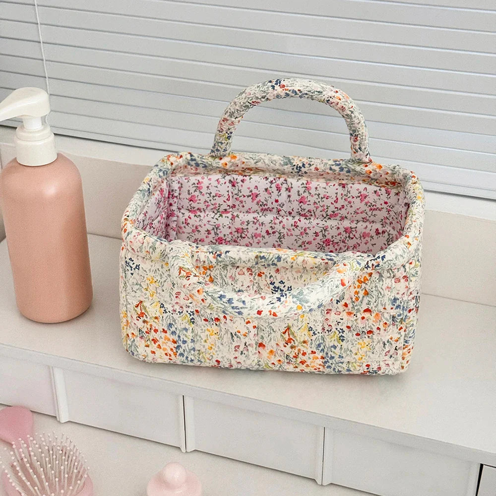 Cute Pink Flower Quilted Storage Basket with Handle – Foldable Home Organizer for Pet Toys & Room Storage