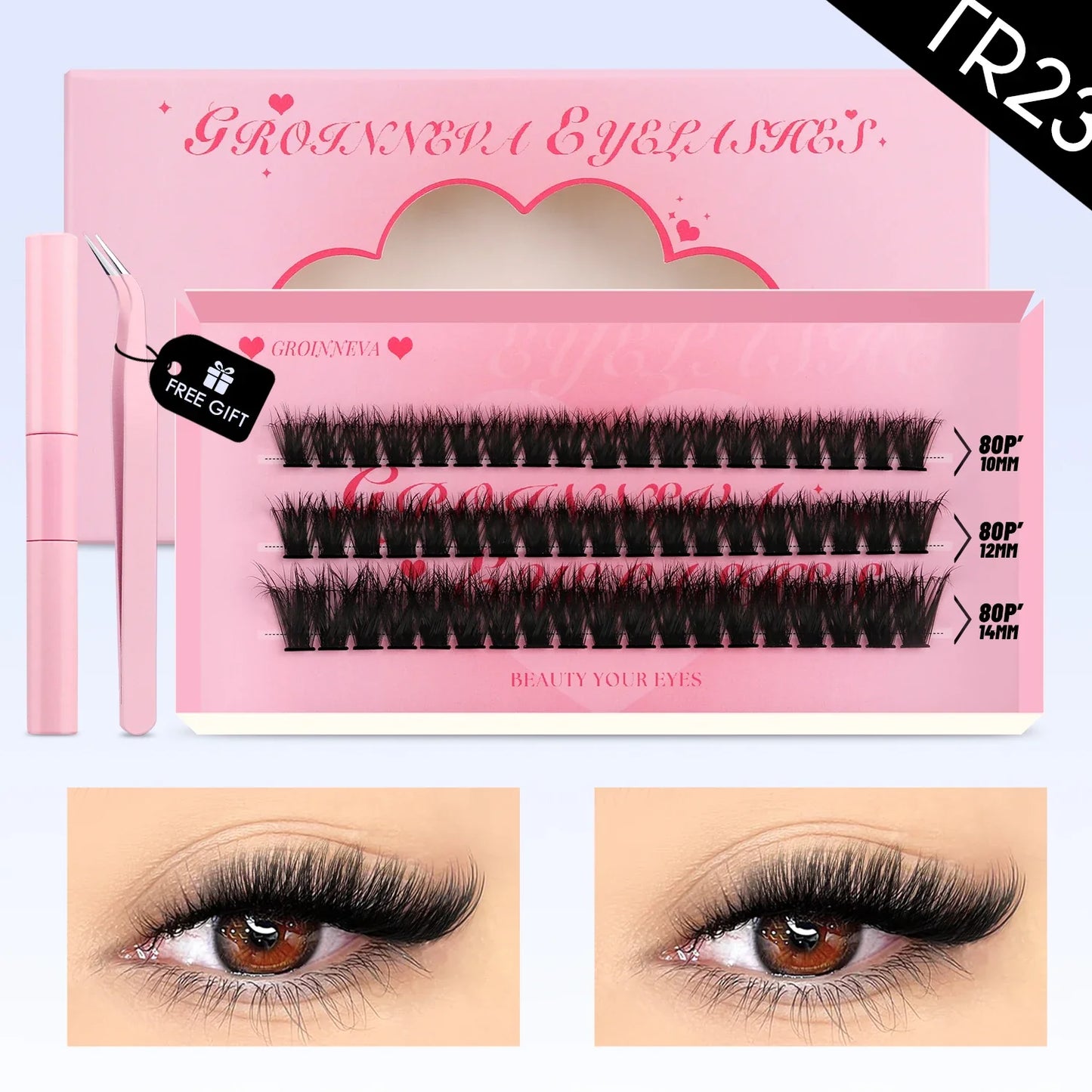GROINNEYA DIY Mixed Lash Clusters Set – Fluffy Individual Lash Extensions Kit with Bond & Seal for At-Home Makeup