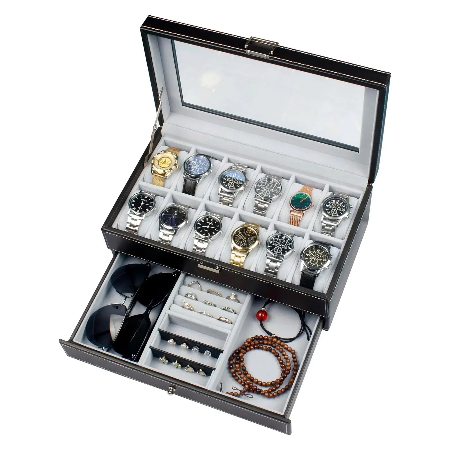 2024 12-Slot Leather Watch Storage Box — Lockable 2-Tier Organizer & Jewelry Display Drawer for Men & Women